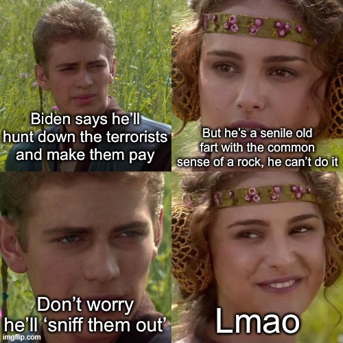 Anakin Padme 4 panel alternate | Biden says he’ll hunt down the terrorists and make them pay But he’s a senile old fart with the common sense of a rock, he can’t do it Don’t | image tagged in anakin padme 4 panel alternate | made w/ Imgflip meme maker