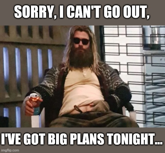 Fat Thor | SORRY, I CAN'T GO OUT, I'VE GOT BIG PLANS TONIGHT... | image tagged in fat thor | made w/ Imgflip meme maker