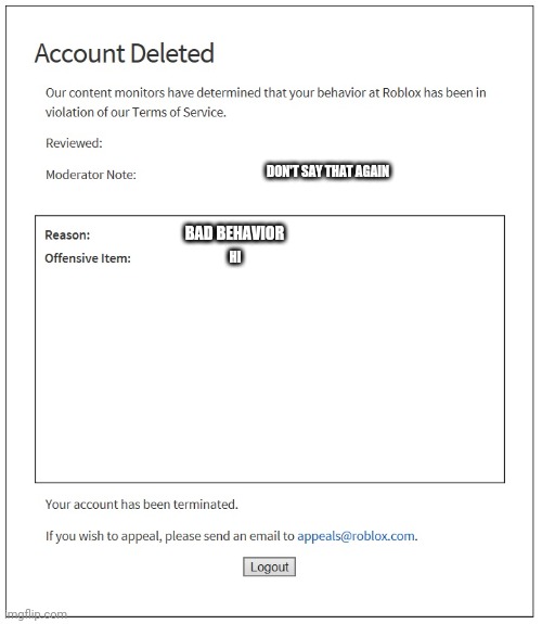 banned from ROBLOX | DON'T SAY THAT AGAIN; BAD BEHAVIOR; HI | image tagged in banned from roblox | made w/ Imgflip meme maker