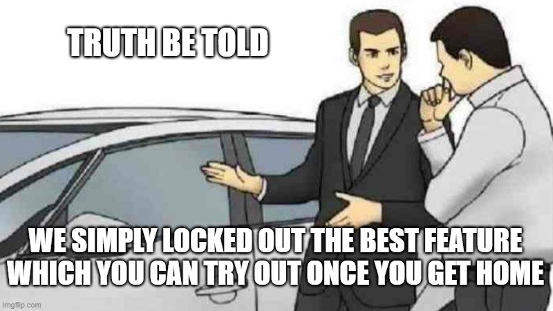 Car Salesman Slaps Roof Of Car Meme | TRUTH BE TOLD WE SIMPLY LOCKED OUT THE BEST FEATURE WHICH YOU CAN TRY OUT ONCE YOU GET HOME | image tagged in memes,car salesman slaps roof of car | made w/ Imgflip meme maker