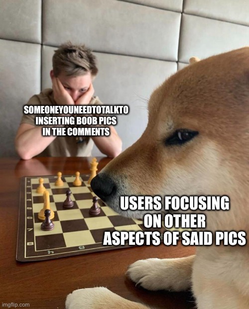 SOMEONEYOUNEEDTOTALKTO INSERTING BOOB PICS IN THE COMMENTS; USERS FOCUSING ON OTHER ASPECTS OF SAID PICS | made w/ Imgflip meme maker