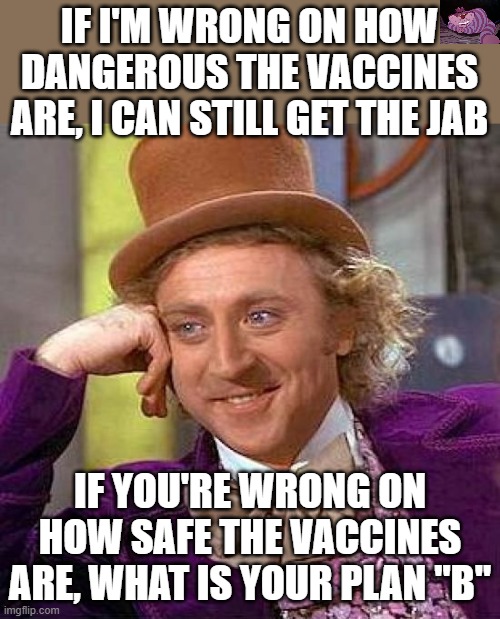 It seems the vaccines aren't all we were told they are. | IF I'M WRONG ON HOW DANGEROUS THE VACCINES ARE, I CAN STILL GET THE JAB; IF YOU'RE WRONG ON HOW SAFE THE VACCINES ARE, WHAT IS YOUR PLAN "B" | image tagged in memes,creepy condescending wonka | made w/ Imgflip meme maker