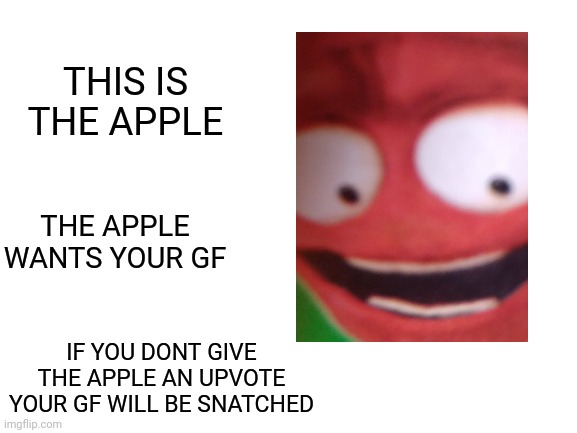 For reals now | THIS IS THE APPLE; THE APPLE WANTS YOUR GF; IF YOU DONT GIVE THE APPLE AN UPVOTE YOUR GF WILL BE SNATCHED | image tagged in blank white template,apple | made w/ Imgflip meme maker