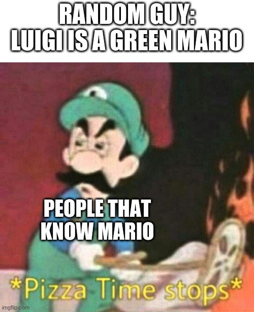 Luigi is luigi | RANDOM GUY: LUIGI IS A GREEN MARIO; PEOPLE THAT KNOW MARIO | image tagged in pizza time stops,luigi,mario | made w/ Imgflip meme maker
