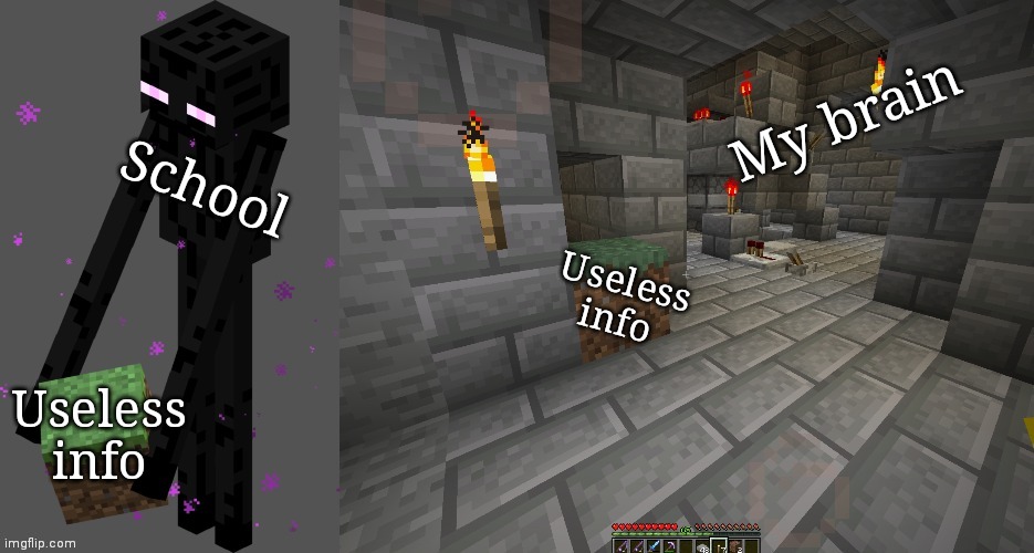 Here's a temp you might be able to do something with | My brain; School; Useless info; Useless info | image tagged in enderman placing block | made w/ Imgflip meme maker