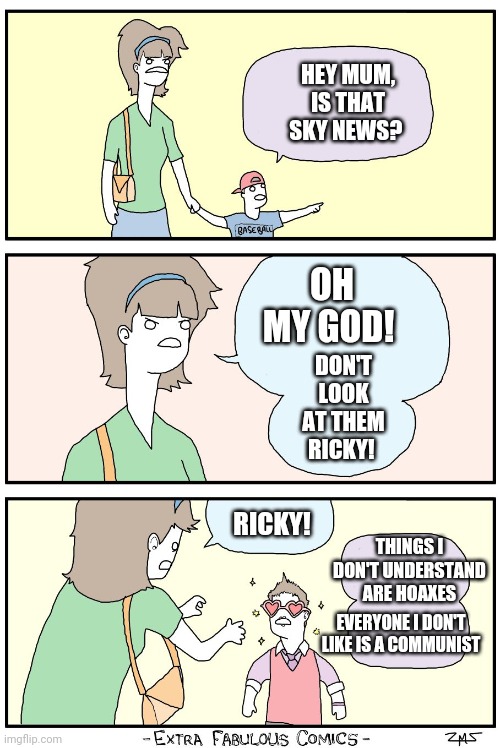 Don't look at Sky News Ricky! | HEY MUM, IS THAT SKY NEWS? OH MY GOD! DON'T LOOK AT THEM RICKY! RICKY! THINGS I DON'T UNDERSTAND ARE HOAXES; EVERYONE I DON'T LIKE IS A COMMUNIST | image tagged in dont look ricky | made w/ Imgflip meme maker