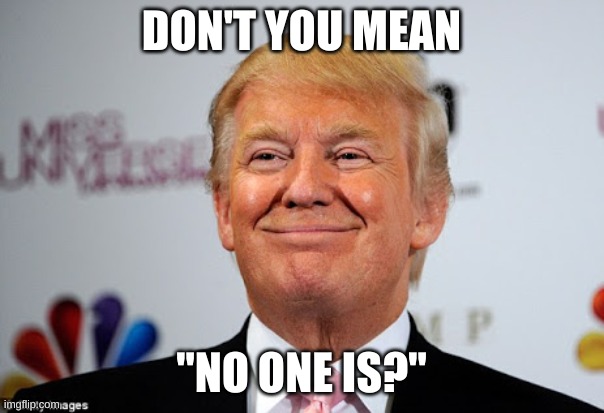 Donald trump approves | DON'T YOU MEAN "NO ONE IS?" | image tagged in donald trump approves | made w/ Imgflip meme maker