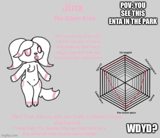 This is a new OC I made. Feel free to request for an Enta OC. | POV: YOU SEE THIS ENTA IN THE PARK; WDYD? | made w/ Imgflip meme maker
