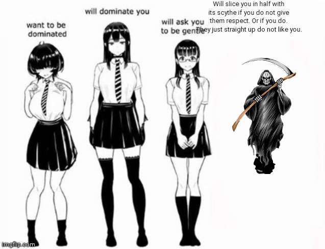 Domination stats | Will slice you in half with its scythe if you do not give them respect. Or if you do. They just straight up do not like you. | image tagged in domination stats | made w/ Imgflip meme maker