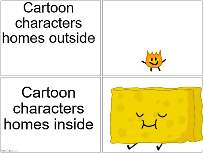*insert name here* | Cartoon characters homes outside; Cartoon characters homes inside | image tagged in memes,blank comic panel 2x2,bfb,cartoons | made w/ Imgflip meme maker