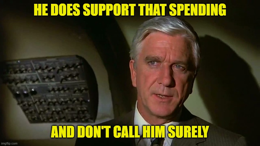 Airplane! | HE DOES SUPPORT THAT SPENDING AND DON'T CALL HIM SURELY | image tagged in airplane | made w/ Imgflip meme maker