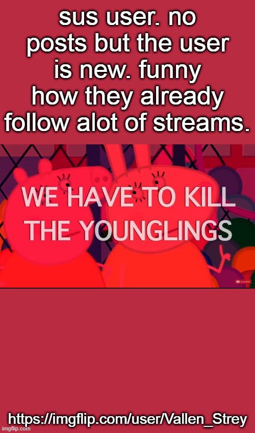 we have to kill the younglings | sus user. no posts but the user is new. funny how they already follow alot of streams. https://imgflip.com/user/Vallen_Strey | image tagged in we have to kill the younglings | made w/ Imgflip meme maker