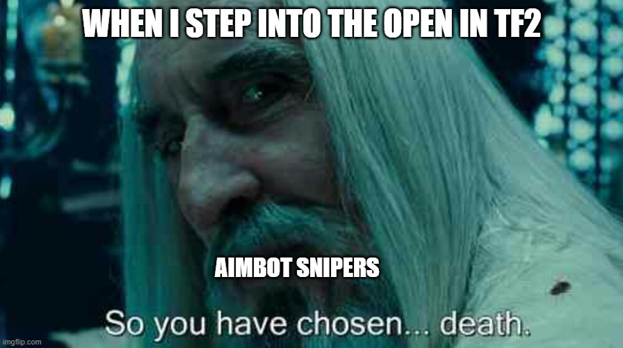 So you have chosen death | WHEN I STEP INTO THE OPEN IN TF2; AIMBOT SNIPERS | image tagged in so you have chosen death | made w/ Imgflip meme maker