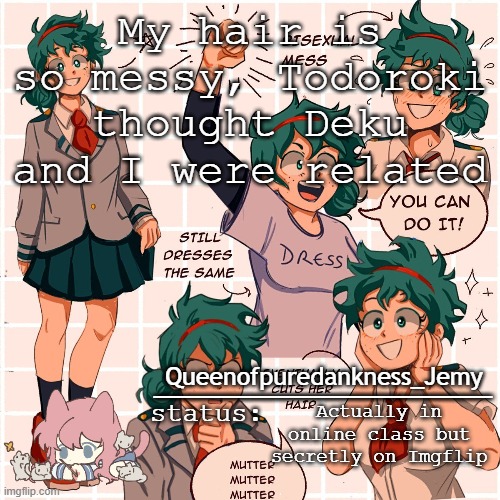 Jemy temp #12 | My hair is so messy, Todoroki thought Deku and I were related; Actually in online class but secretly on Imgflip | image tagged in jemy temp 12 | made w/ Imgflip meme maker