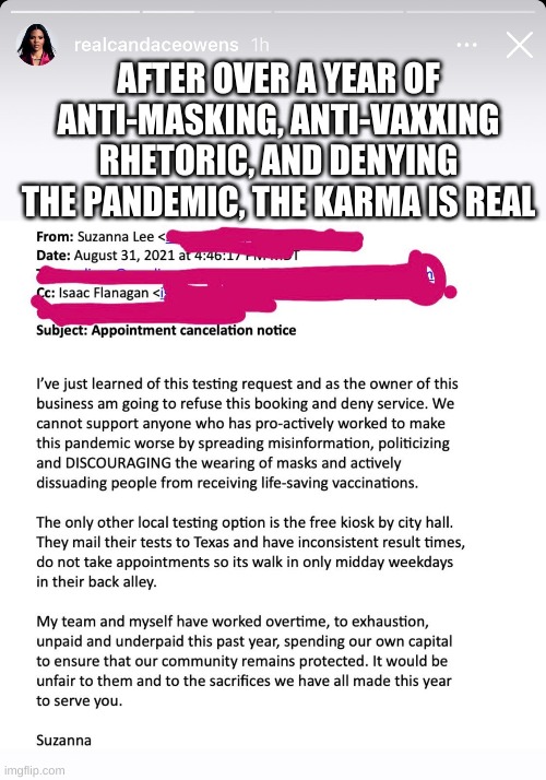 AFTER OVER A YEAR OF ANTI-MASKING, ANTI-VAXXING RHETORIC, AND DENYING THE PANDEMIC, THE KARMA IS REAL | made w/ Imgflip meme maker