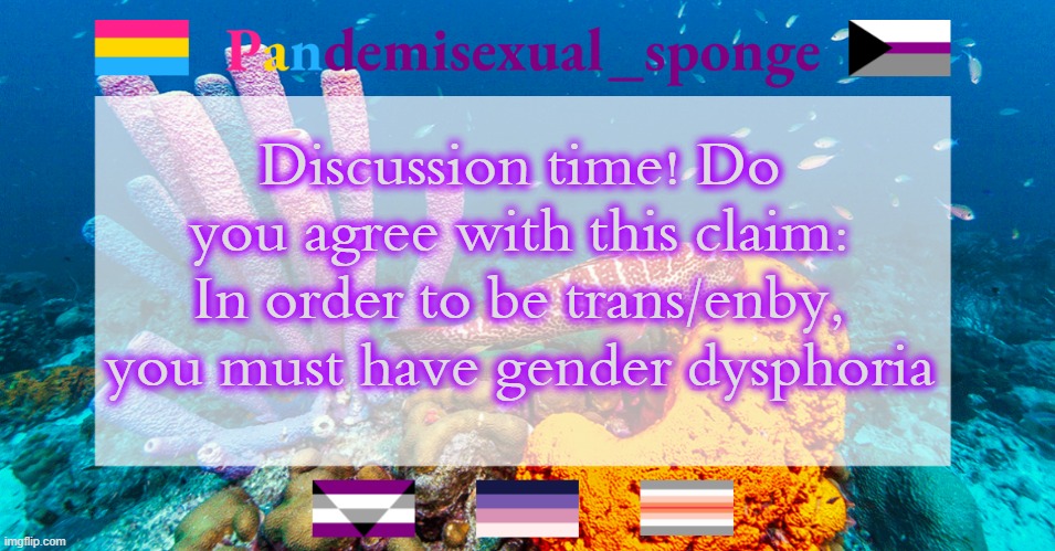 I'd have to disagree | Discussion time! Do you agree with this claim: In order to be trans/enby, you must have gender dysphoria | image tagged in pandemisexual_sponge temp,demisexual_sponge | made w/ Imgflip meme maker