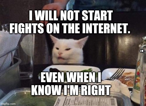 Salad cat | I WILL NOT START FIGHTS ON THE INTERNET. J M; EVEN WHEN I KNOW I'M RIGHT | image tagged in salad cat | made w/ Imgflip meme maker