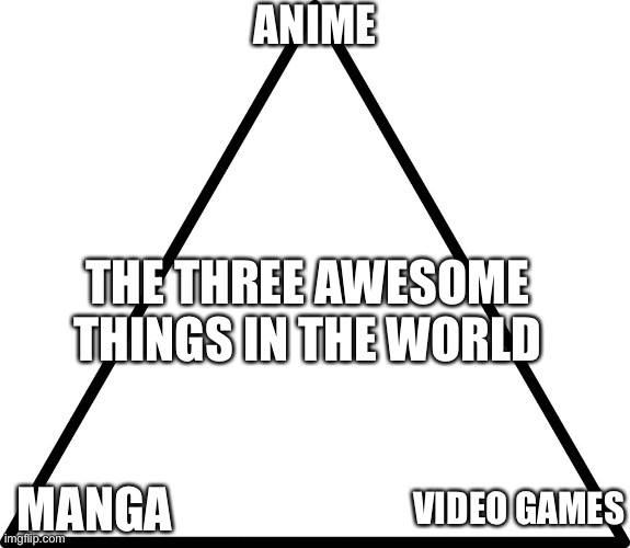 The triangle of the three awesome things | ANIME; THE THREE AWESOME THINGS IN THE WORLD; VIDEO GAMES; MANGA | image tagged in triangle | made w/ Imgflip meme maker