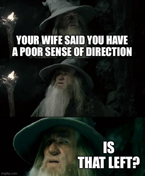 Confused Gandalf Meme | YOUR WIFE SAID YOU HAVE A POOR SENSE OF DIRECTION IS THAT LEFT? | image tagged in memes,confused gandalf | made w/ Imgflip meme maker