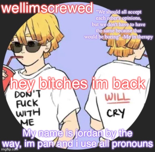 wellimscrewd's announceent template | hey bitches im back; My name is jordan by the way, im pan and i use all pronouns | image tagged in wellimscrewd's announceent template | made w/ Imgflip meme maker