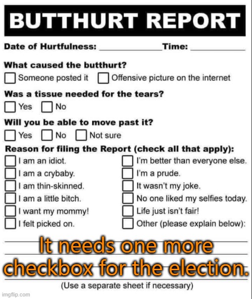 Butthurt Report | It needs one more checkbox for the election. | image tagged in butthurt report,make america great again,voter fraud,misinformation | made w/ Imgflip meme maker