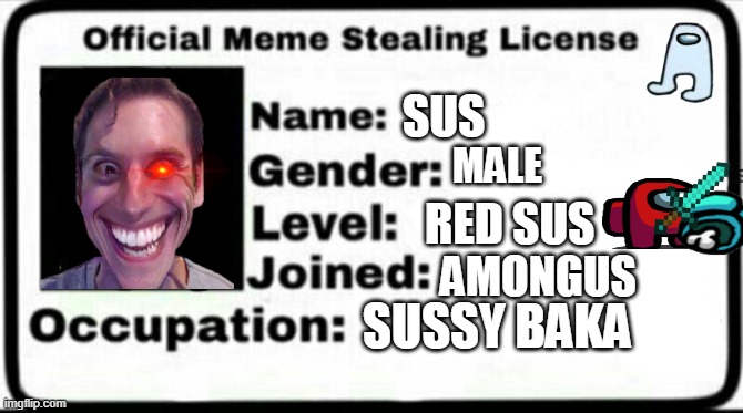 Meme Stealing License | SUS; MALE; RED SUS; AMONGUS; SUSSY BAKA | image tagged in meme stealing license | made w/ Imgflip meme maker