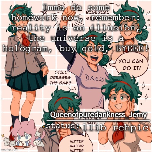 Jemy temp #12 | Imma do some homework now, remember: reality is an illusion, the universe is a hologram, buy gold, BYEEE! llib rehpic | image tagged in jemy temp 12 | made w/ Imgflip meme maker