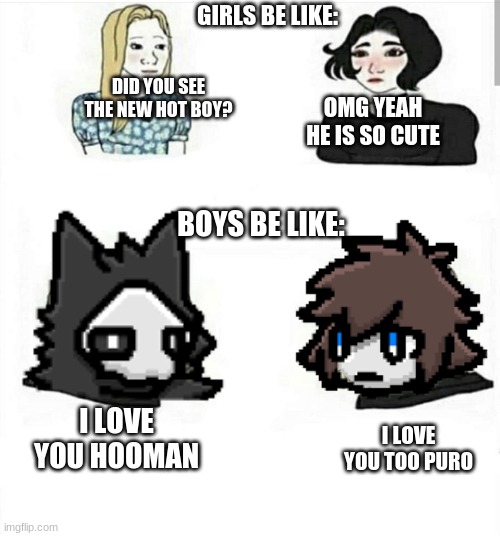 Girls boys | GIRLS BE LIKE: BOYS BE LIKE: OMG YEAH HE IS SO CUTE DID YOU SEE THE NEW HOT BOY? I LOVE YOU HOOMAN I LOVE YOU TOO PURO | image tagged in girls boys | made w/ Imgflip meme maker