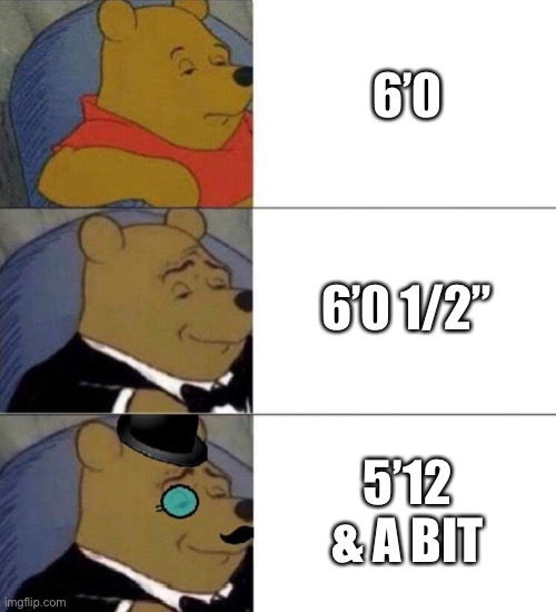 6’ or so | 6’0; 6’0 1/2”; 5’12
& A BIT | image tagged in pooh tuxedo 3 panel,6 feet,tall | made w/ Imgflip meme maker