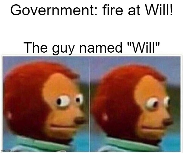 Monkey Puppet | Government: fire at Will! The guy named "Will" | image tagged in memes,monkey puppet | made w/ Imgflip meme maker