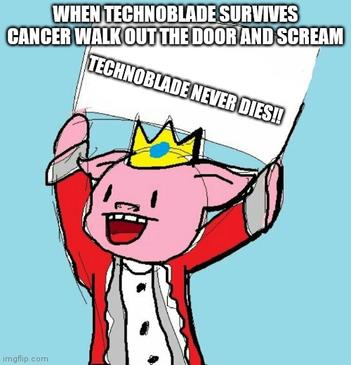 technoblade holding sign | WHEN TECHNOBLADE SURVIVES CANCER WALK OUT THE DOOR AND SCREAM; TECHNOBLADE NEVER DIES!! | image tagged in technoblade holding sign | made w/ Imgflip meme maker