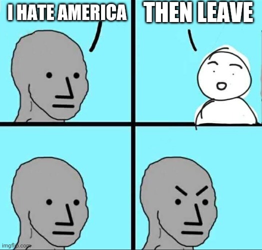 "no I just wanna complain" | THEN LEAVE; I HATE AMERICA | image tagged in npc meme | made w/ Imgflip meme maker