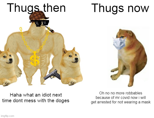 Buff Doge vs. Cheems | Thugs then; Thugs now; Haha what an idiot next time dont mess with the doges; Oh no no more robbables because of mr covid now i will get arrested for not wearing a mask | image tagged in memes,buff doge vs cheems | made w/ Imgflip meme maker