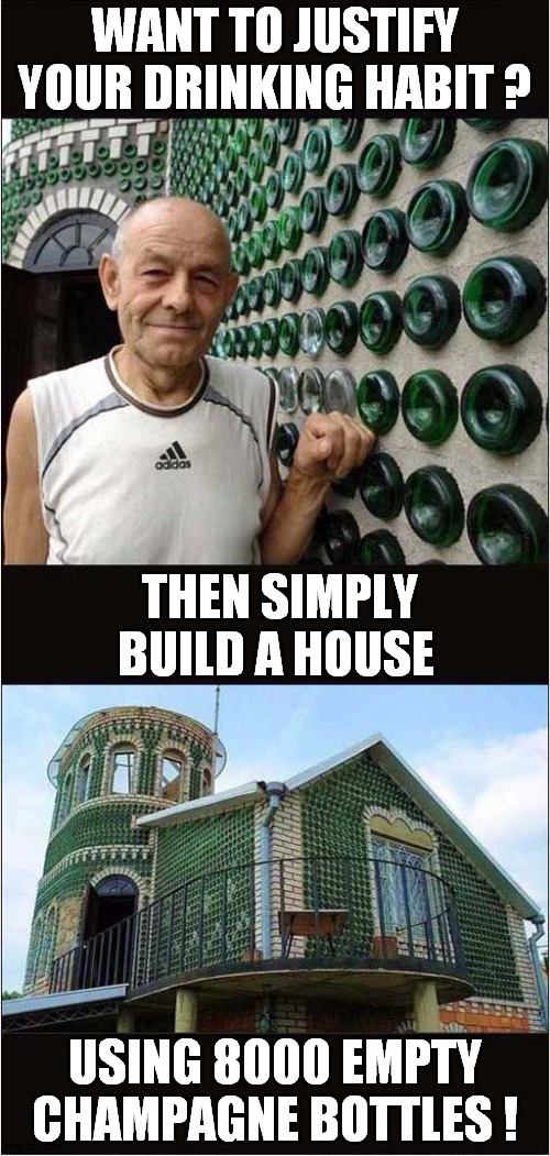 A Twenty Year 'Project' | WANT TO JUSTIFY YOUR DRINKING HABIT ? THEN SIMPLY BUILD A HOUSE; USING 8000 EMPTY CHAMPAGNE BOTTLES ! | image tagged in drinking,problems,building,champagne | made w/ Imgflip meme maker