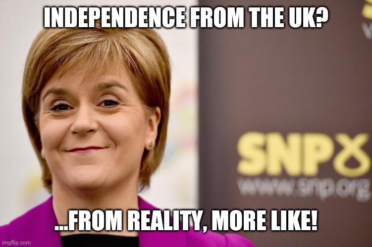 Scottish independence | INDEPENDENCE FROM THE UK? ...FROM REALITY, MORE LIKE! | image tagged in nicola sturgeon grin | made w/ Imgflip meme maker