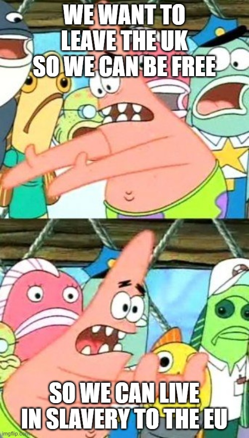 Put It Somewhere Else Patrick Meme | WE WANT TO LEAVE THE UK SO WE CAN BE FREE SO WE CAN LIVE IN SLAVERY TO THE EU | image tagged in memes,put it somewhere else patrick | made w/ Imgflip meme maker