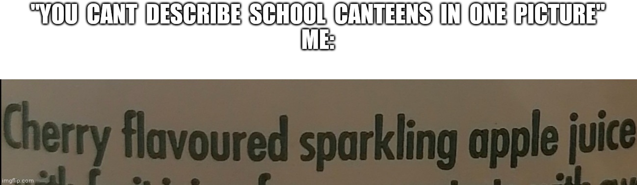 "YOU  CANT  DESCRIBE  SCHOOL  CANTEENS  IN  ONE  PICTURE"
ME: | image tagged in school memes,funny,juice | made w/ Imgflip meme maker