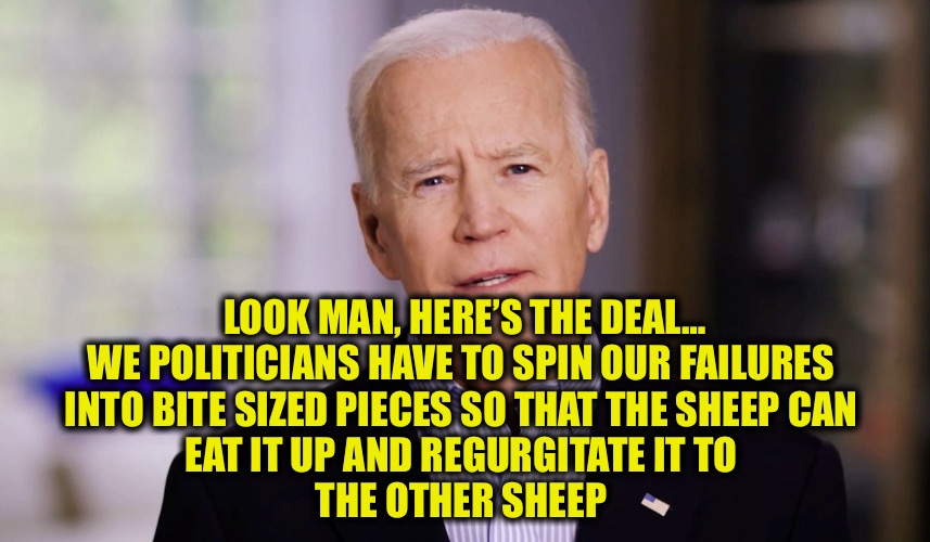 Joe Biden 2020 | LOOK MAN, HERE’S THE DEAL…
WE POLITICIANS HAVE TO SPIN OUR FAILURES 
INTO BITE SIZED PIECES SO THAT THE SHEEP CAN 
EAT IT UP AND REGURGITATE | image tagged in joe biden 2020 | made w/ Imgflip meme maker