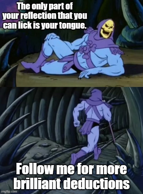 Disturbing Facts Skeletor | The only part of your reflection that you can lick is your tongue. Follow me for more brilliant deductions | image tagged in disturbing facts skeletor | made w/ Imgflip meme maker