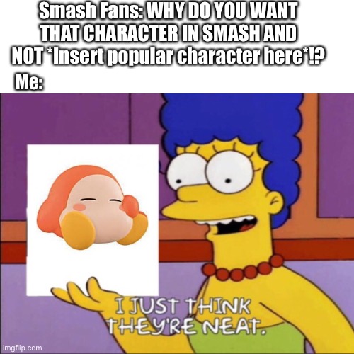 I mean… Why not? | Smash Fans: WHY DO YOU WANT THAT CHARACTER IN SMASH AND NOT *Insert popular character here*!? Me: | made w/ Imgflip meme maker
