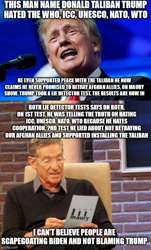 Trump takes the Maury Lie Detector test. | THIS MAN NAME DONALD TALIBAN TRUMP HATED THE WHO, ICC, UNESCO, NATO, WTO; HE EVEN SUPPORTED PEACE WITH THE TALIBAN HE NOW CLAIMS HE NEVER PROMISED TO BETRAY AFGHAN ALLIES. ON MAURY SHOW. TRUMP TOOK A LIE DETECTOR TEST. THE RESULTS ARE NOW IN; BOTH LIE DETECTOR TESTS SAYS ON BOTH. ON 1ST TEST. HE WAS TELLING THE TRUTH ON HATING ICC, UNESCO, NATO, WTO BECAUSE HE HATES COOPERATION. 2ND TEST HE LIED ABOUT NOT BETRAYING OUR AFGHAN ALLIES AND SUPPORTED INSTALLING THE TALIBAN; I CAN'T BELIEVE PEOPLE ARE SCAPEGOATING BIDEN AND NOT BLAMING TRUMP | image tagged in maury lie detector,donald trump,afghanistan,liar liar,joe biden,doha | made w/ Imgflip meme maker