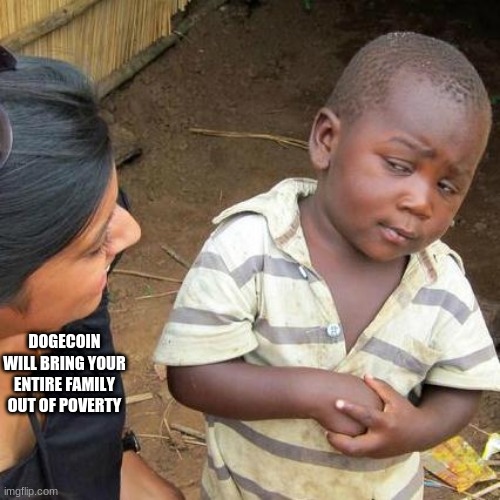 Let Me Get This Straight | DOGECOIN WILL BRING YOUR ENTIRE FAMILY OUT OF POVERTY | image tagged in memes,third world skeptical kid,dogecoin,doge,cryptocurrency,world hunger | made w/ Imgflip meme maker