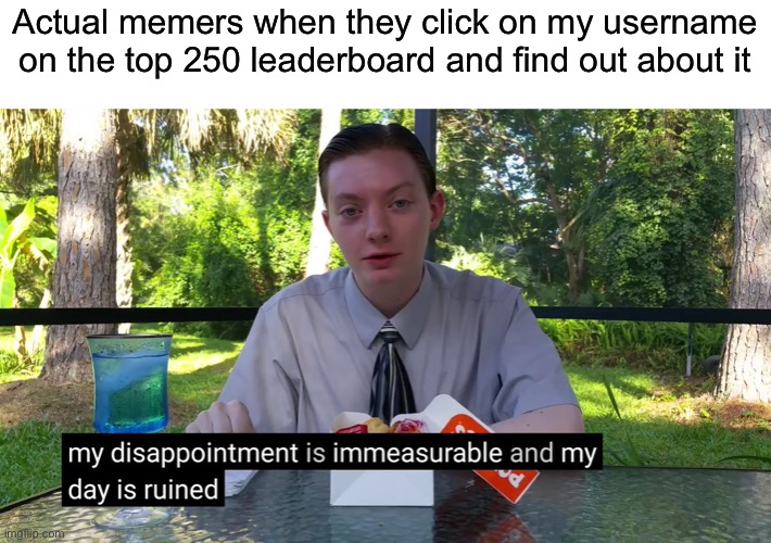 My Disappointment Is Immeasurable | Actual memers when they click on my username on the top 250 leaderboard and find out about it | image tagged in my disappointment is immeasurable | made w/ Imgflip meme maker