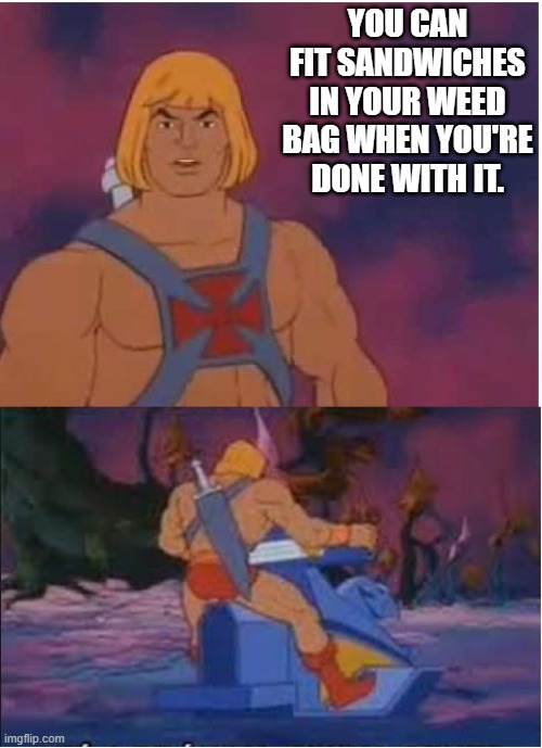 He-Man | YOU CAN FIT SANDWICHES IN YOUR WEED BAG WHEN YOU'RE DONE WITH IT. | image tagged in he-man | made w/ Imgflip meme maker