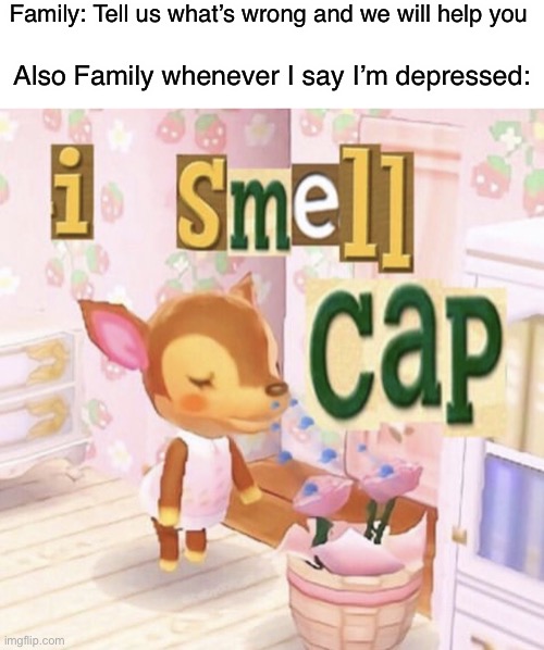 Yes | Family: Tell us what’s wrong and we will help you; Also Family whenever I say I’m depressed: | image tagged in i smell cap | made w/ Imgflip meme maker