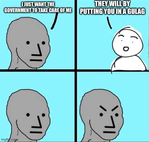 Careful what you ask for | I JUST WANT THE GOVERNMENT TO TAKE CARE OF ME THEY WILL BY PUTTING YOU IN A GULAG | image tagged in npc meme | made w/ Imgflip meme maker