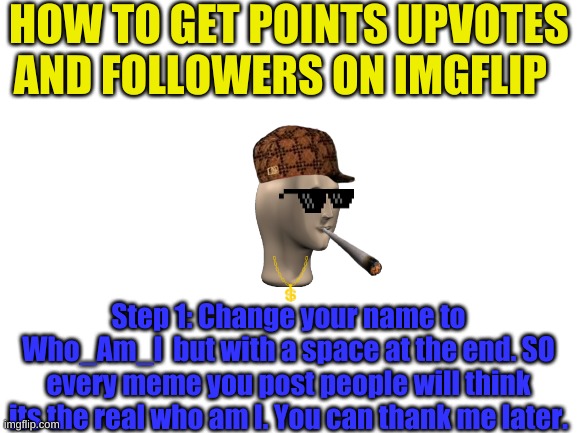 How 2 pt2 | HOW TO GET POINTS UPVOTES AND FOLLOWERS ON IMGFLIP; Step 1: Change your name to Who_Am_I  but with a space at the end. SO every meme you post people will think its the real who am I. You can thank me later. | image tagged in blank white template | made w/ Imgflip meme maker