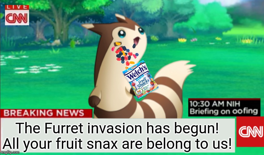 Breaking News Furret | The Furret invasion has begun!
All your fruit snax are belong to us! | image tagged in breaking news furret | made w/ Imgflip meme maker