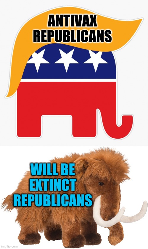 good! | ANTIVAX
REPUBLICANS; WILL BE
EXTINCT
REPUBLICANS | image tagged in trump gop elephant,antivax,covid-19,extinction,conservative logic,memes | made w/ Imgflip meme maker