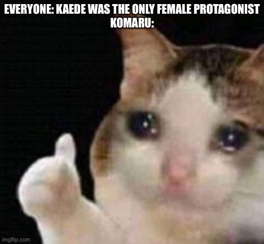 She’s a protagonist too. | EVERYONE: KAEDE WAS THE ONLY FEMALE PROTAGONIST
KOMARU: | image tagged in approved crying cat | made w/ Imgflip meme maker